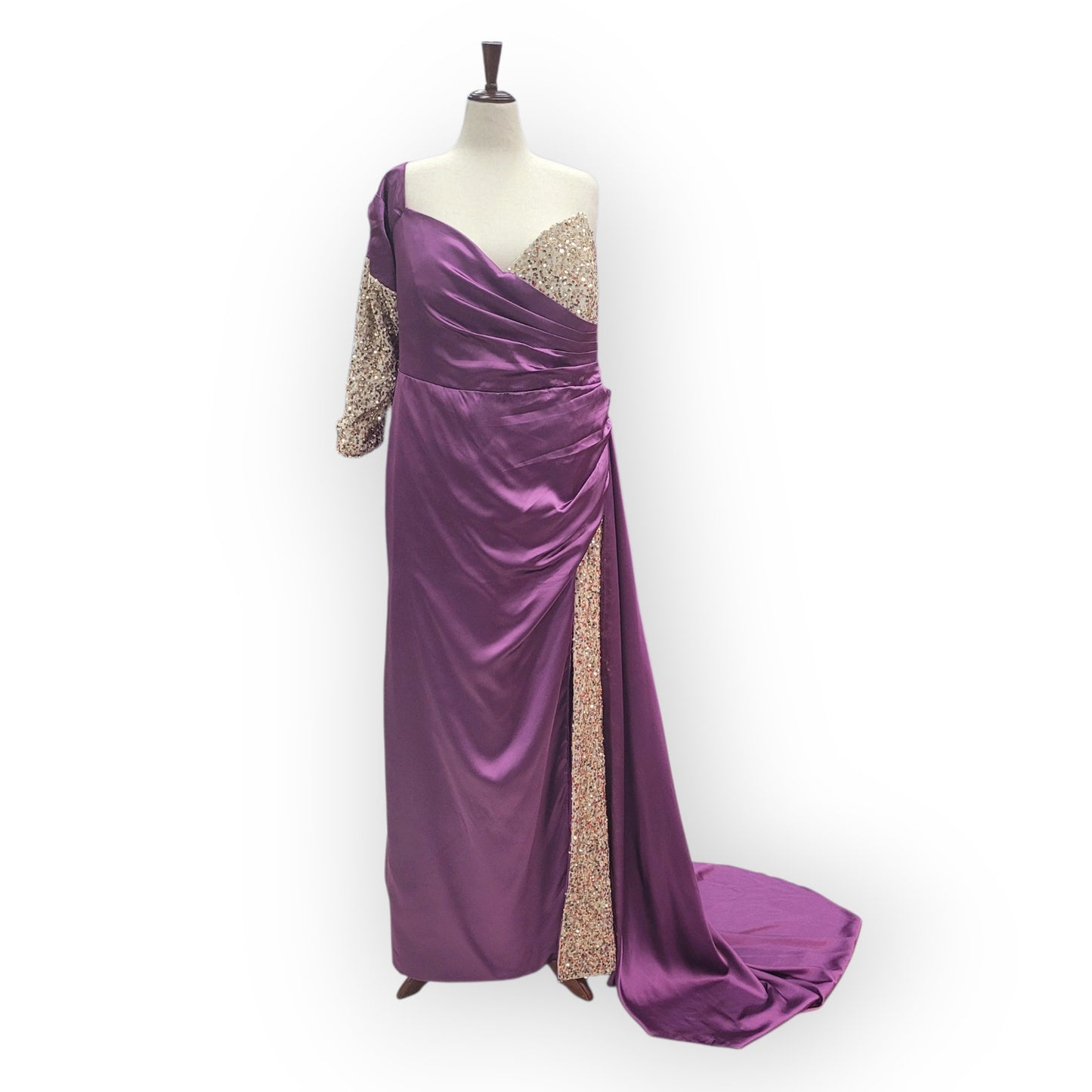 Asymmetric Purple Gown with Gold Sequins and Side Train