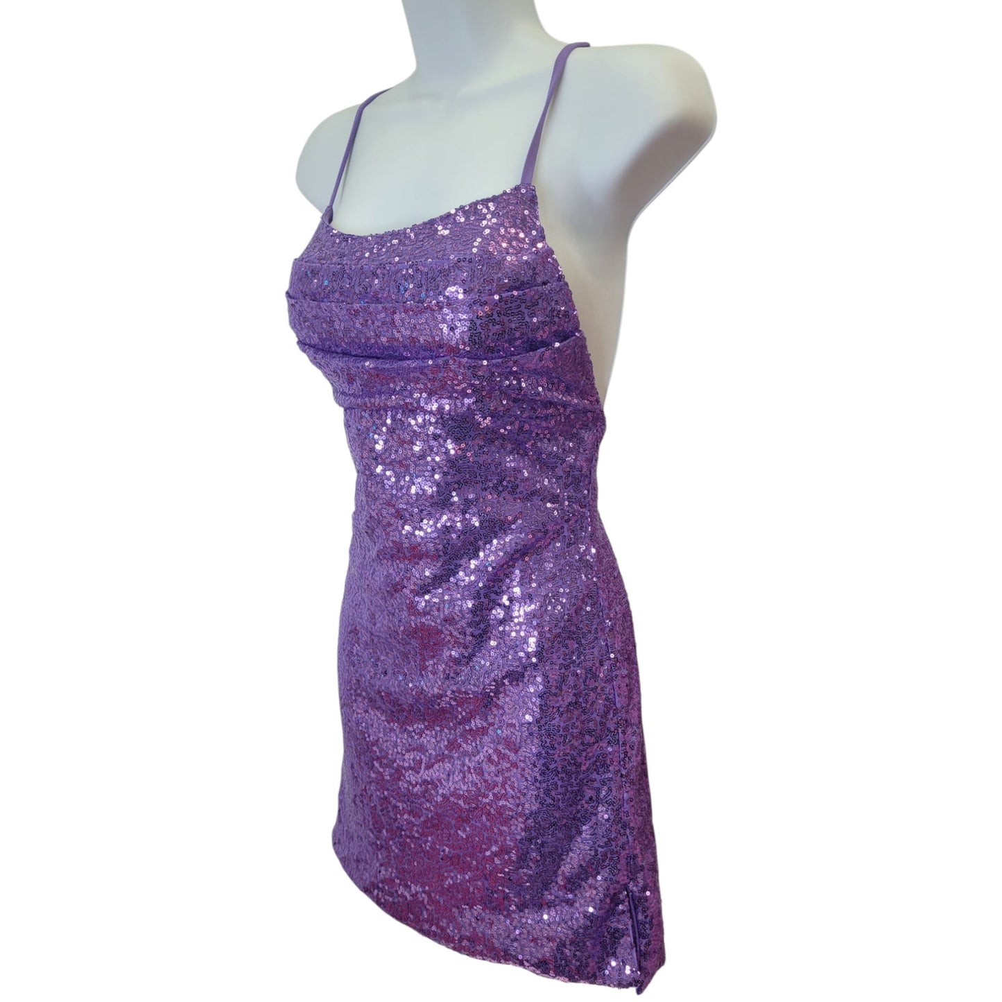 Women's Short Purple Sequin Dress with Strappy Corset Back