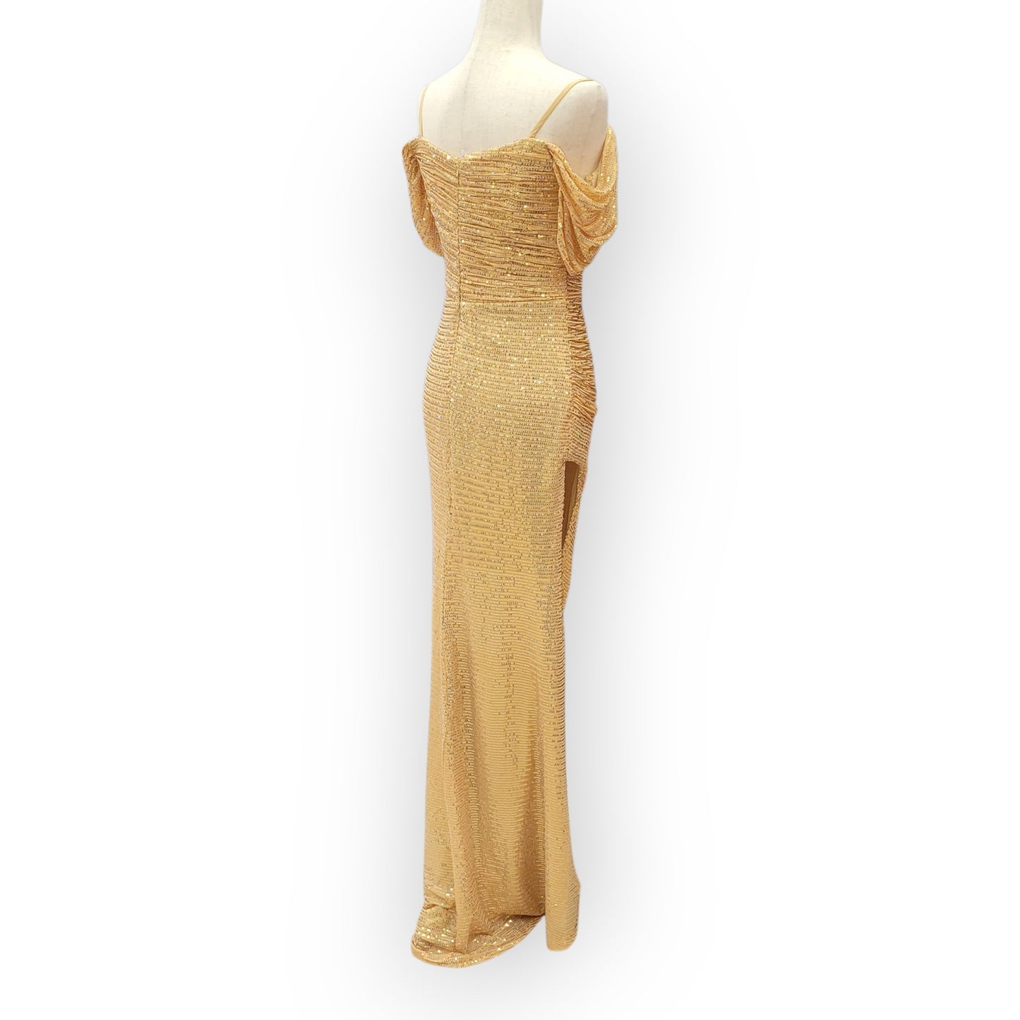 Gold Off-Shoulder Sequin Gown with Ruched Bodice