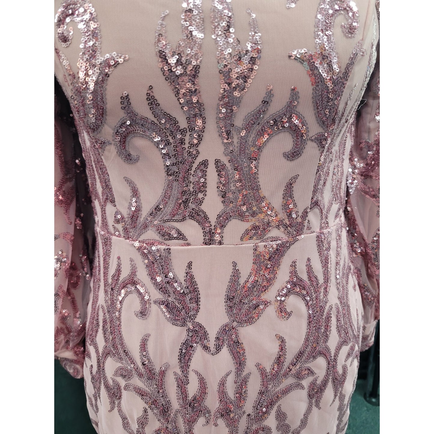 Long Sleeved Patterned Sequin Gown Size 18