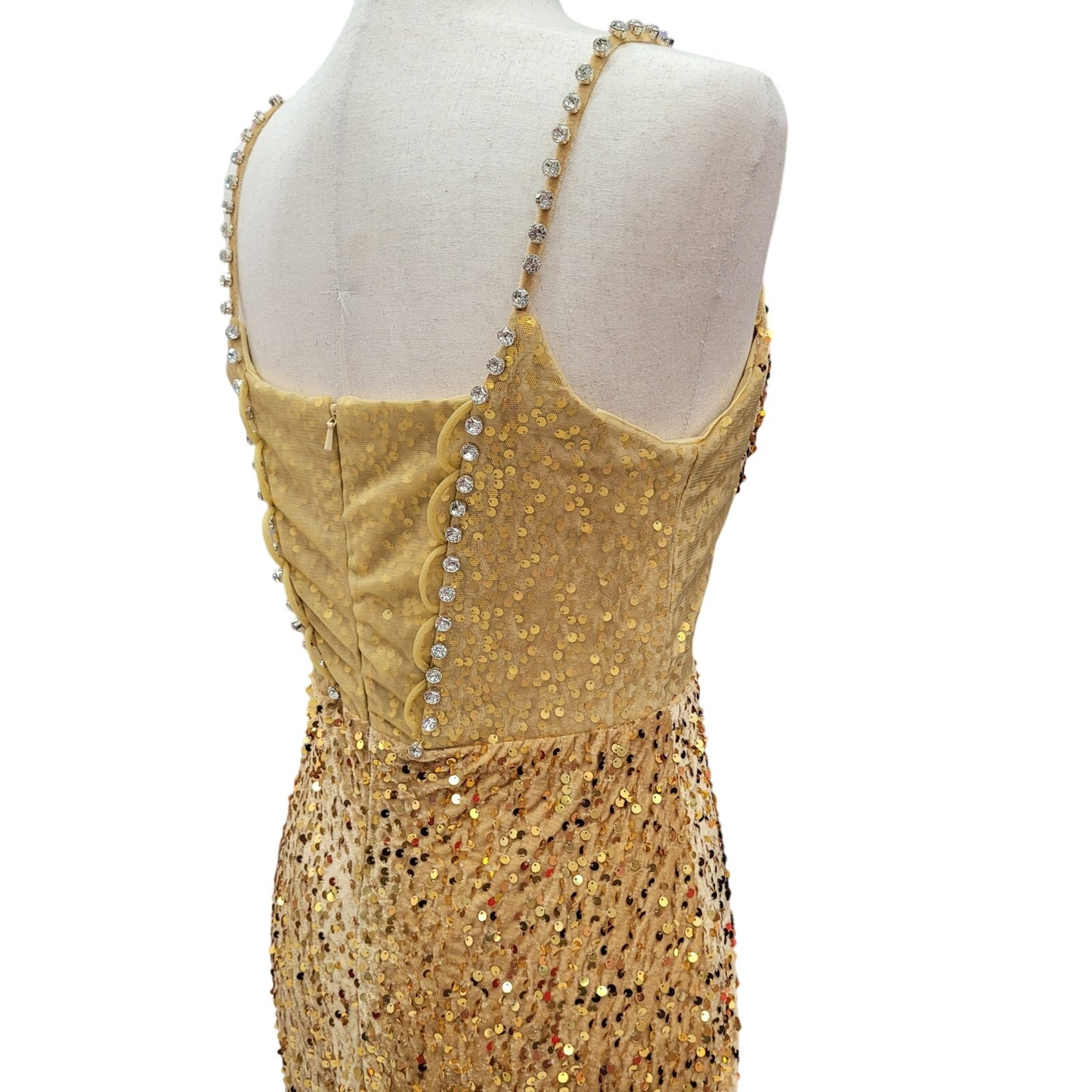 Fitted Gold Sequin Gown with Pearl Detail Bust and Tulle Side Train