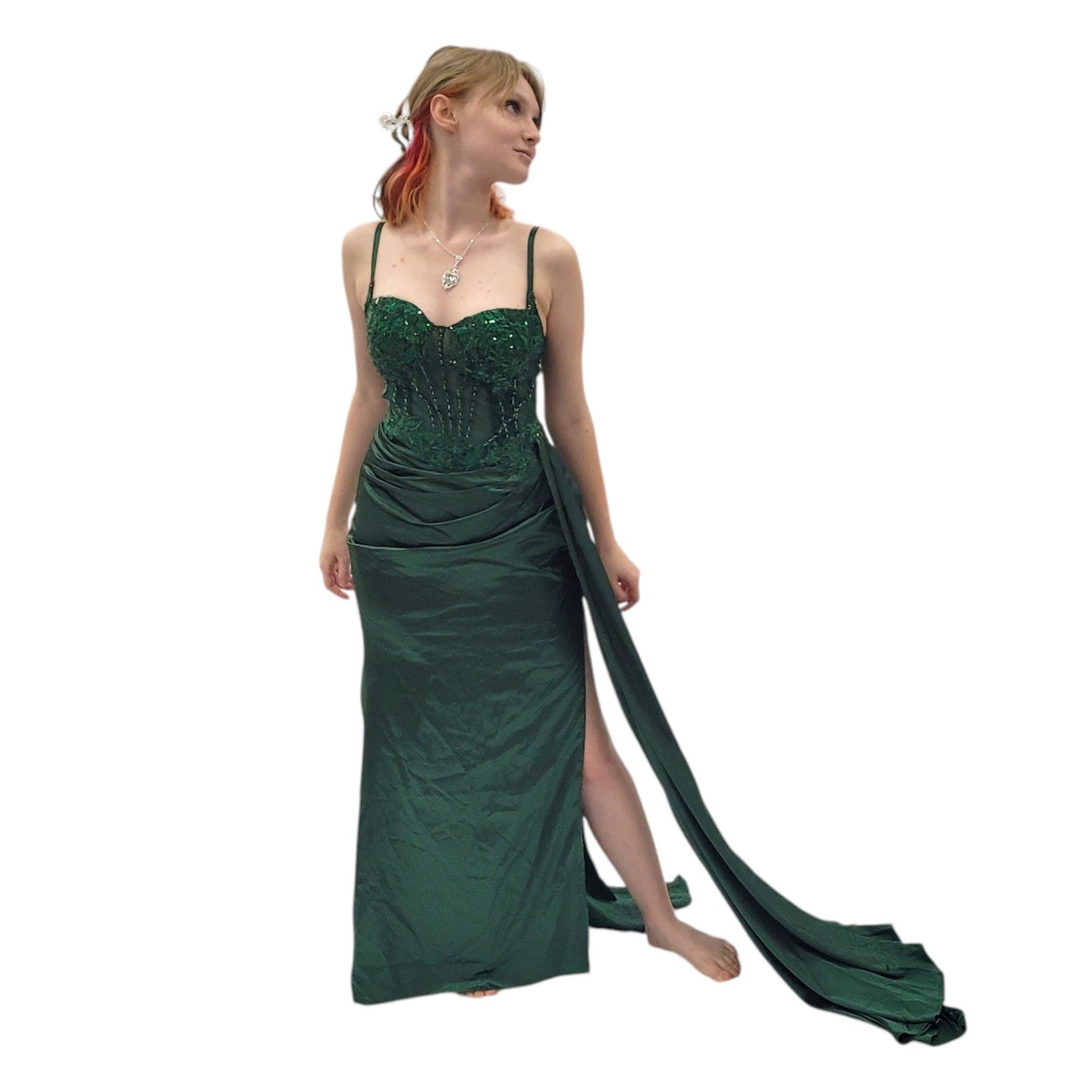 Silky Satin Evening Gown with Detailed Sequin Bodice and Corset Back