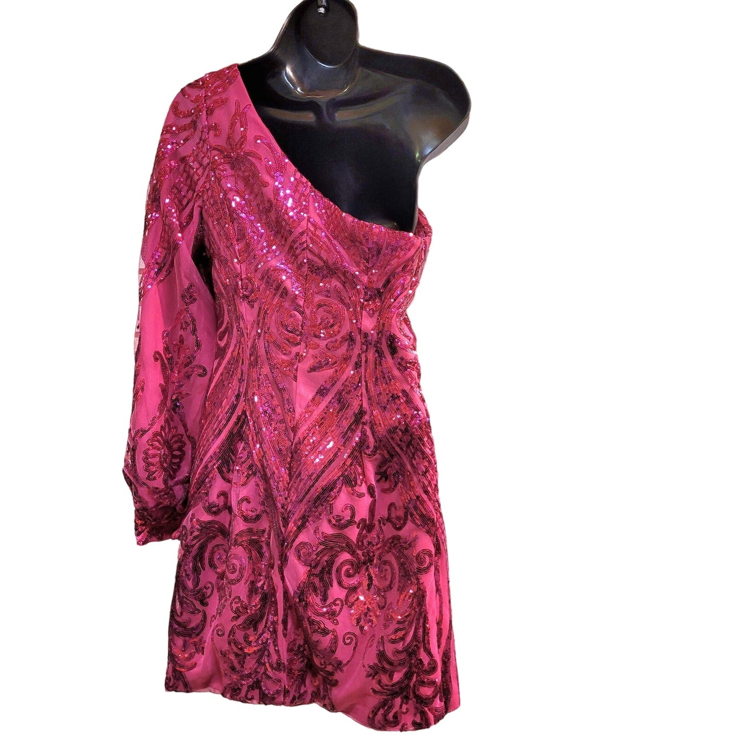 Women's Hot Pink Short Asymmetrical Formal Dress One Sleeve