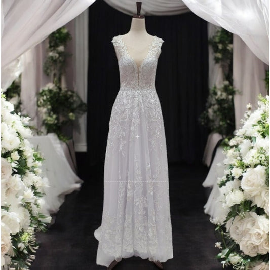 Embroidered A Line Wedding Dress with Deep V Mesh Neckline