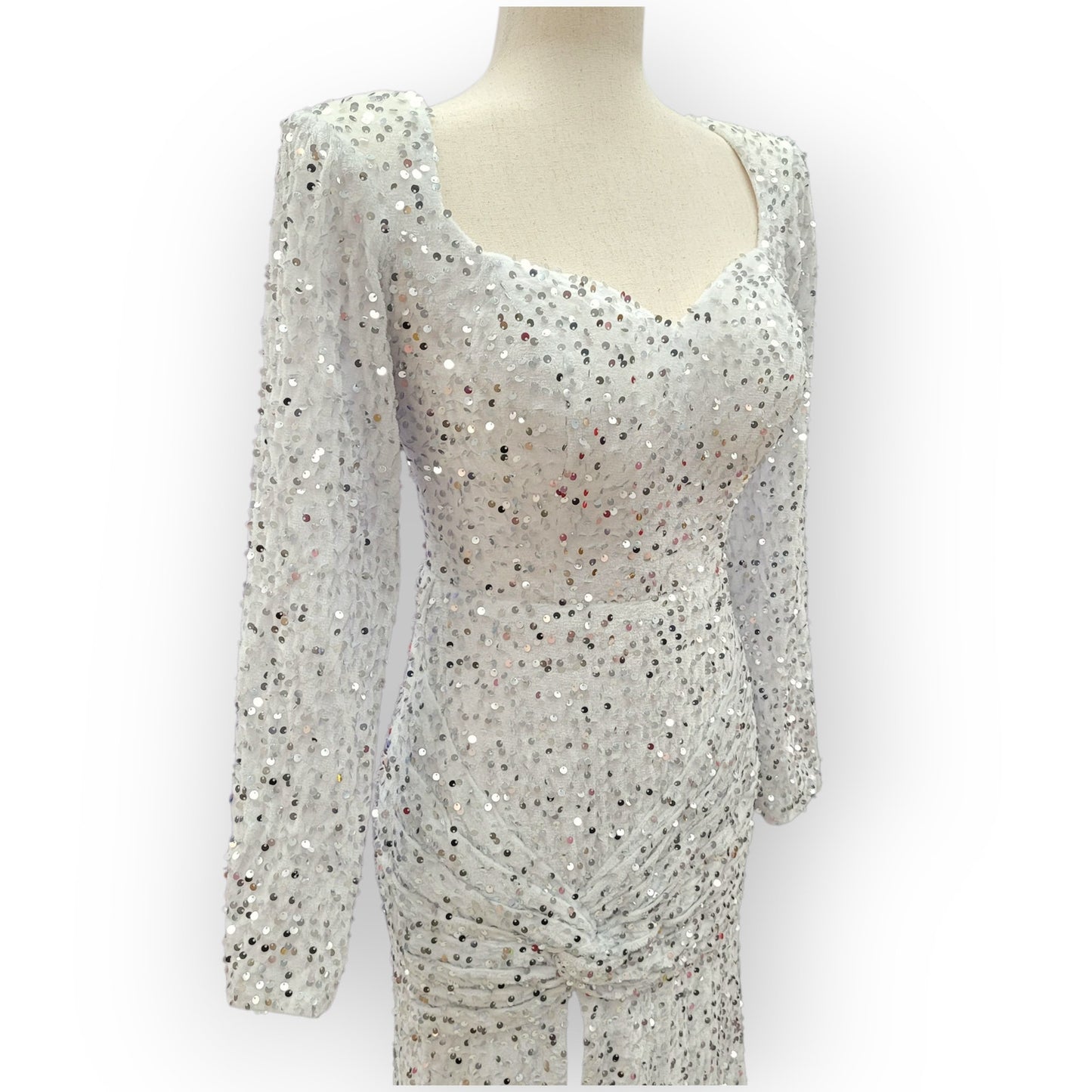 Fitted Long Sleeve Sequin Gown with Leg Slit and Corset Back