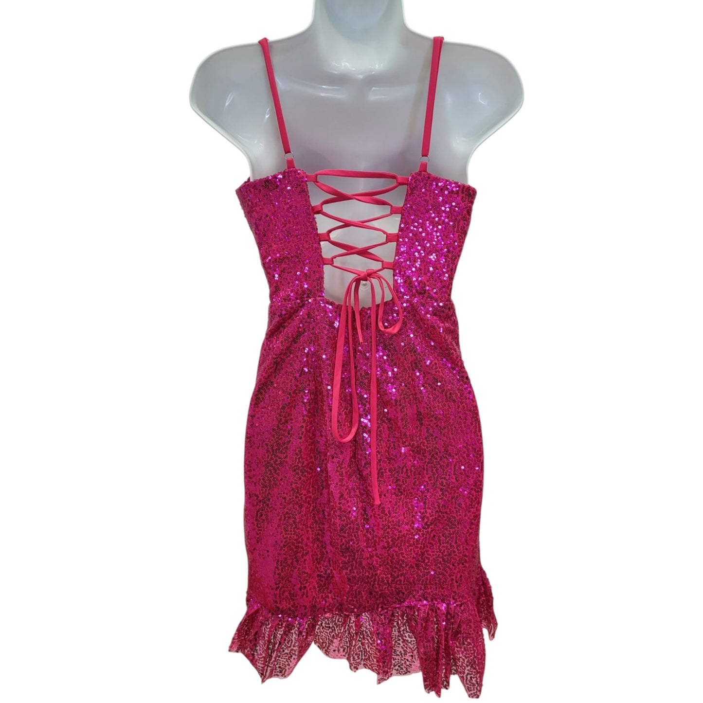 Women's Short Hot Pink Sequin Dress with Corset Back