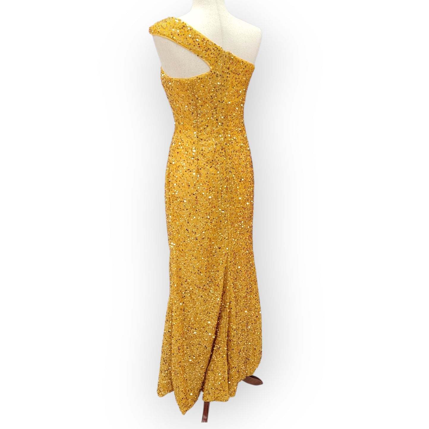 Fitted Gold Sequin Gown with Asymmetric Shoulder Strap