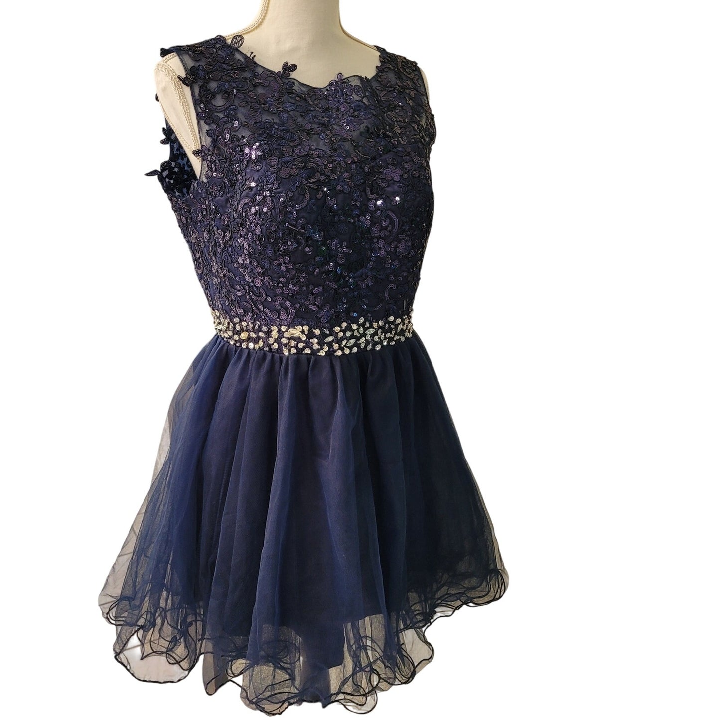 Women's Navy Short Dress Embroidered Bodice Keyhole Back