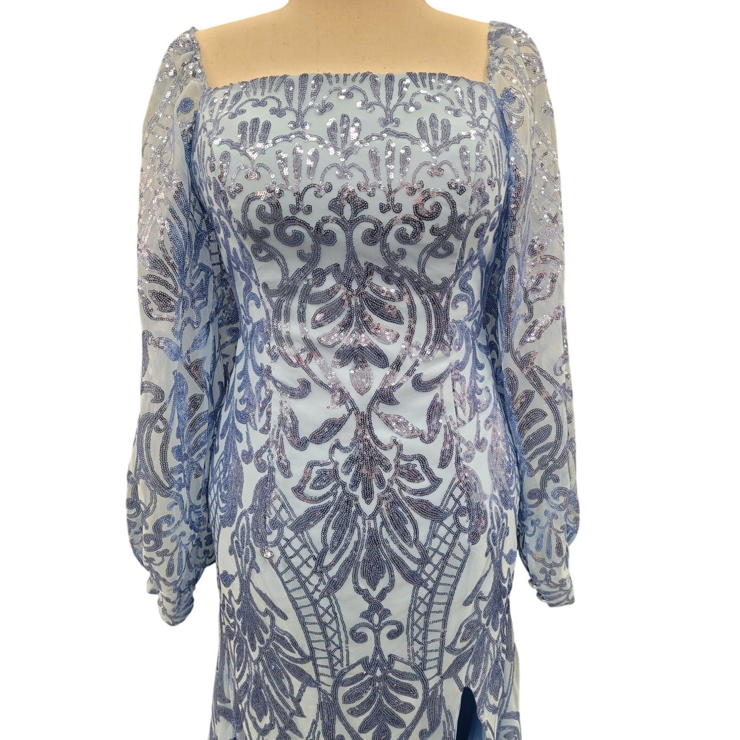Long Sleeved Patterned Sequin Gown in Light Blue