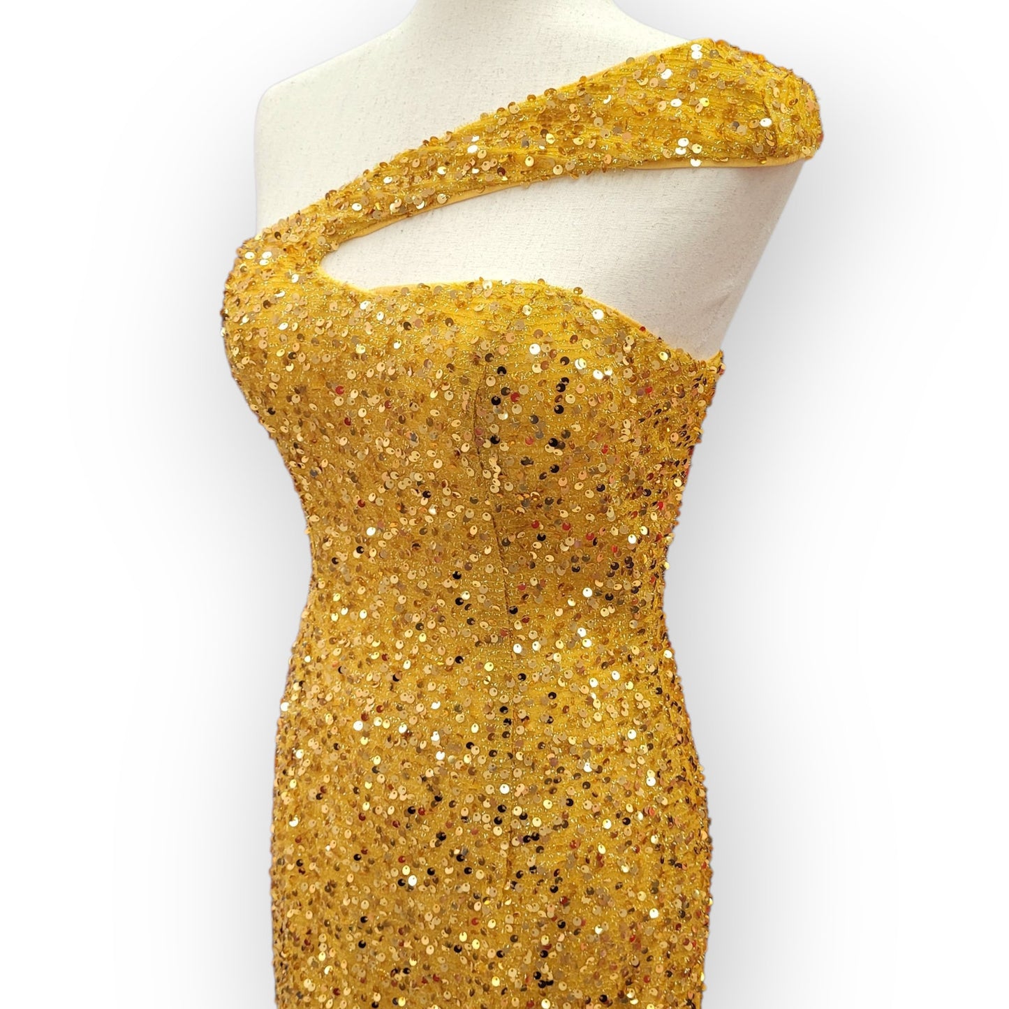 Fitted Gold Sequin Gown with Asymmetric Shoulder Strap