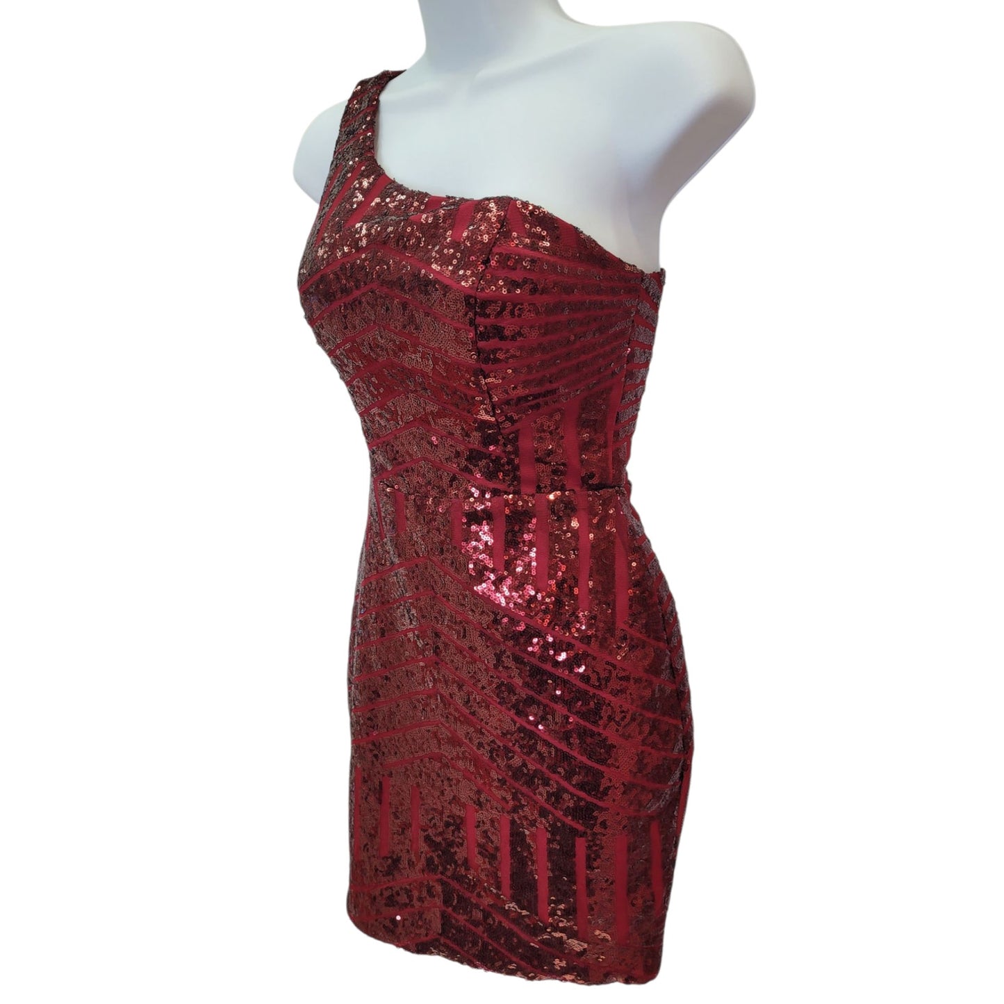 Short Burgundy Sequin Dress with One Shoulder