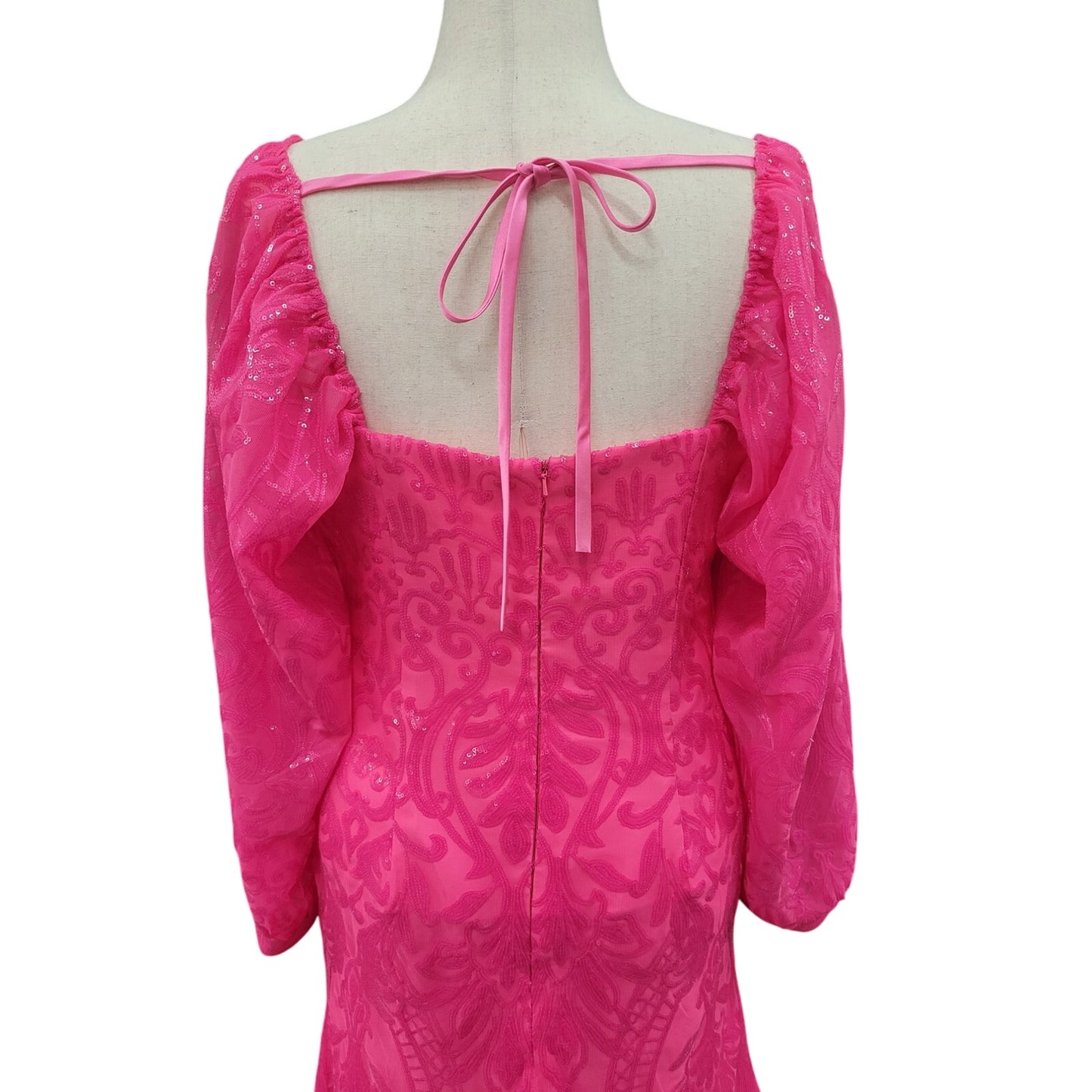 Long Sleeved Patterned Sequin Gown Size 16 Hot Pink