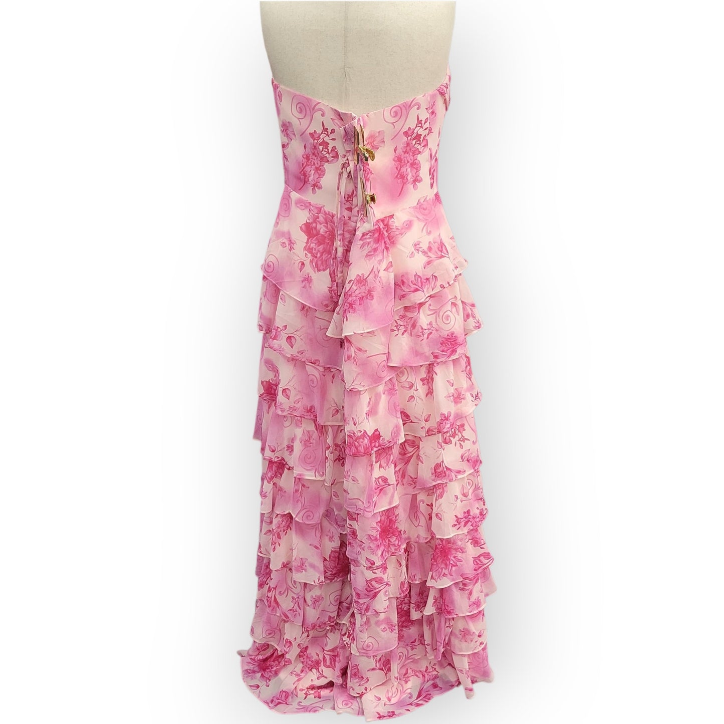 Strapless Pink Floral Tiered Dress with Corset Back