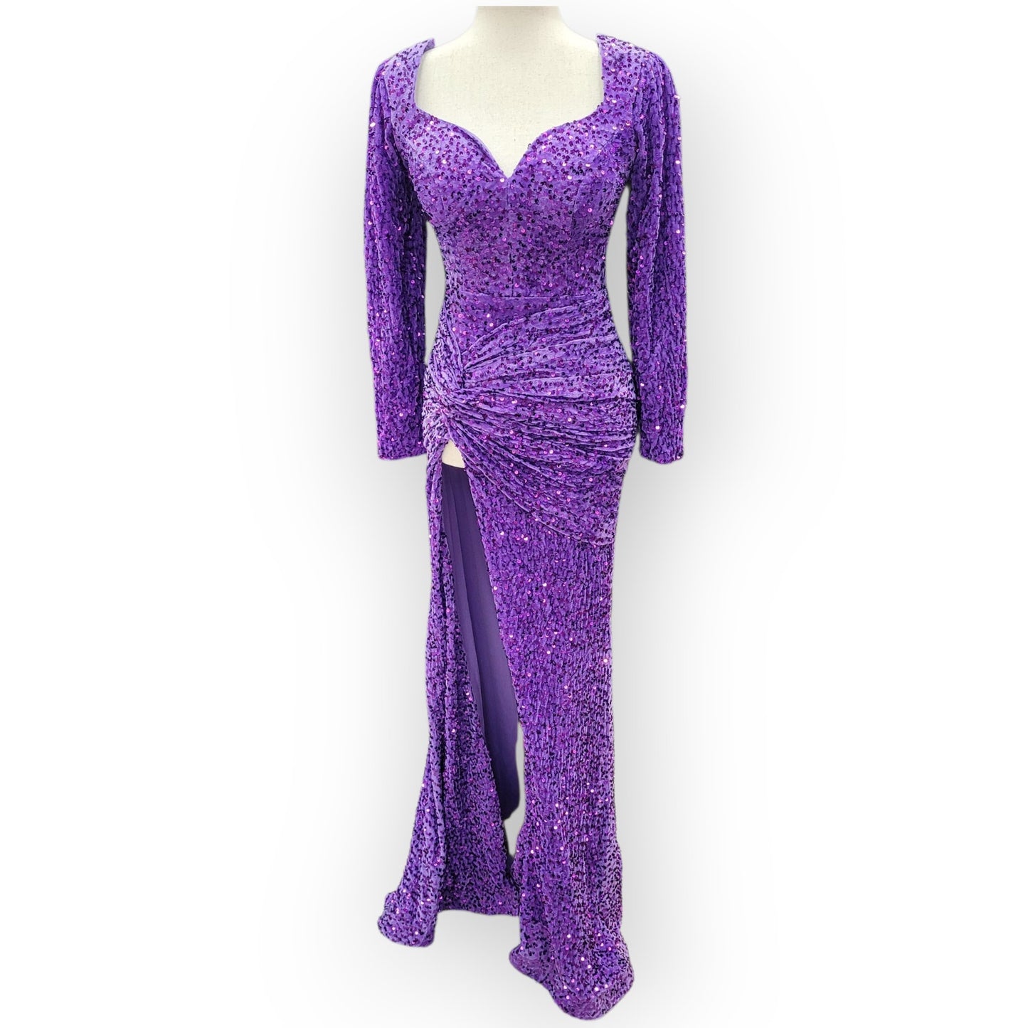 Fitted Long Sleeve Sequin Gown with Leg Slit and Corset Back