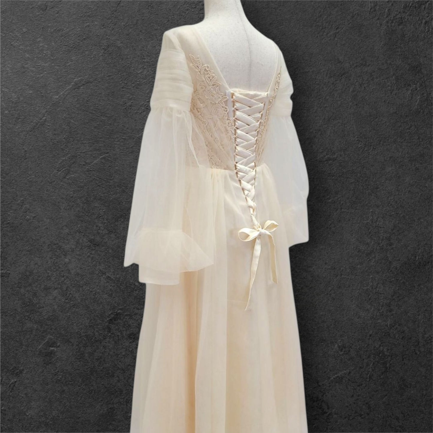 A Line Champagne Wedding Dress with Long Tulle Sleeves and Full Corset