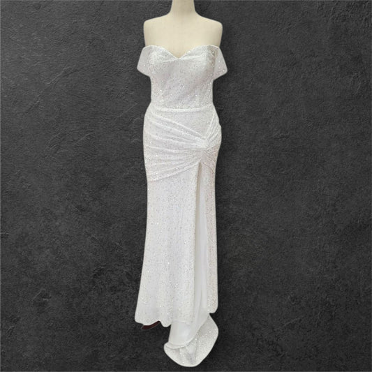 Hip Hugging Sequin Wedding Dress with Off Shoulder Sleeves and Corset Back