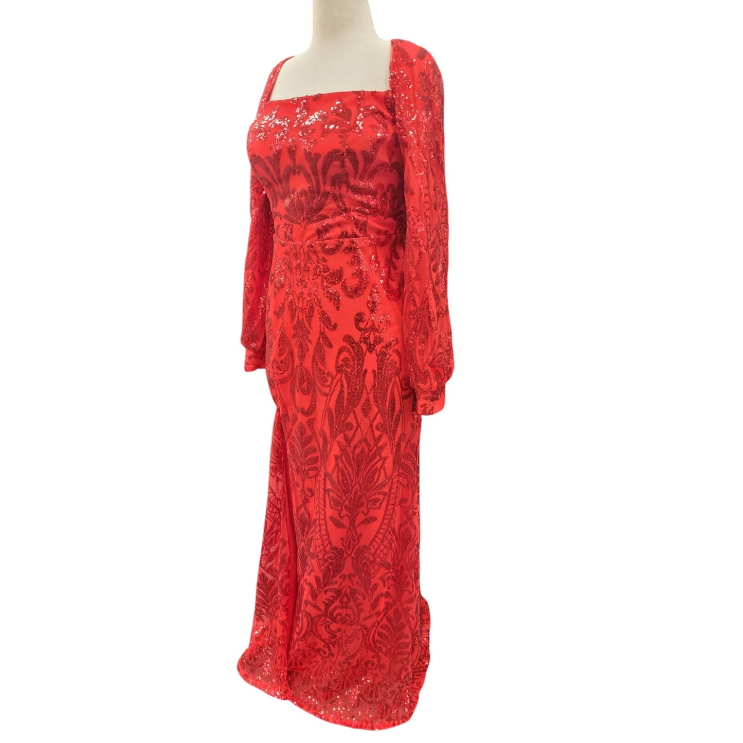 Long Sleeved Patterned Sequin Gown Bright Red Size 12
