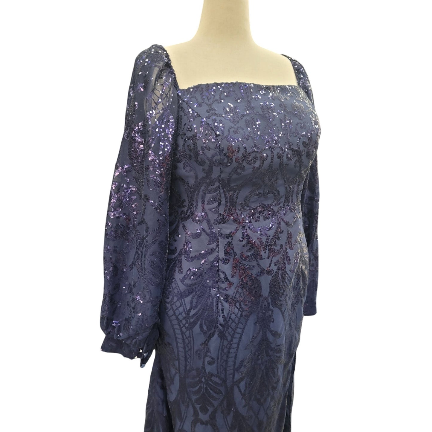 Long Sleeved Patterned Sequin Gown in Navy Blue