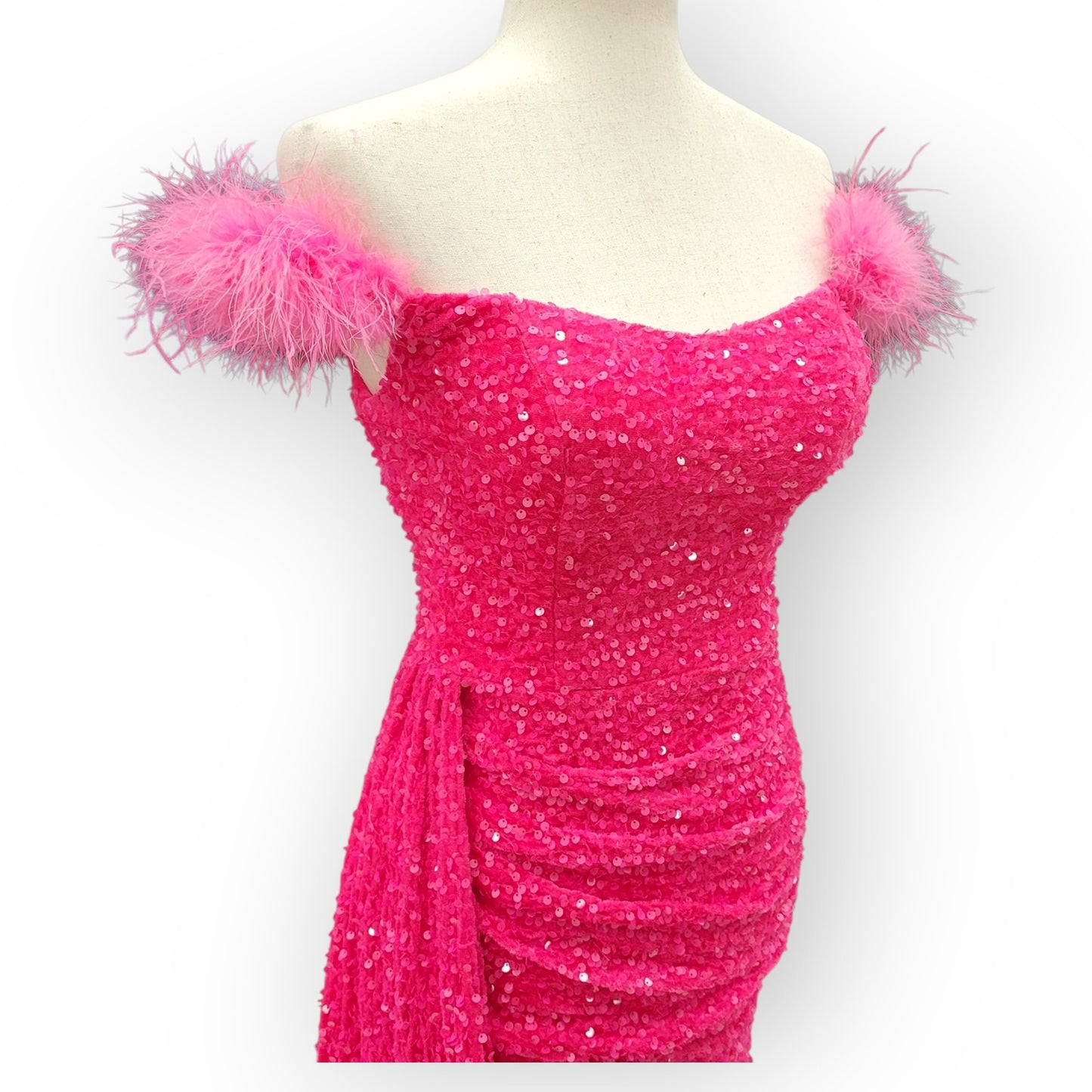 Hot Pink Evening Gown with Feathered Off-Shoulder Straps and Side Train