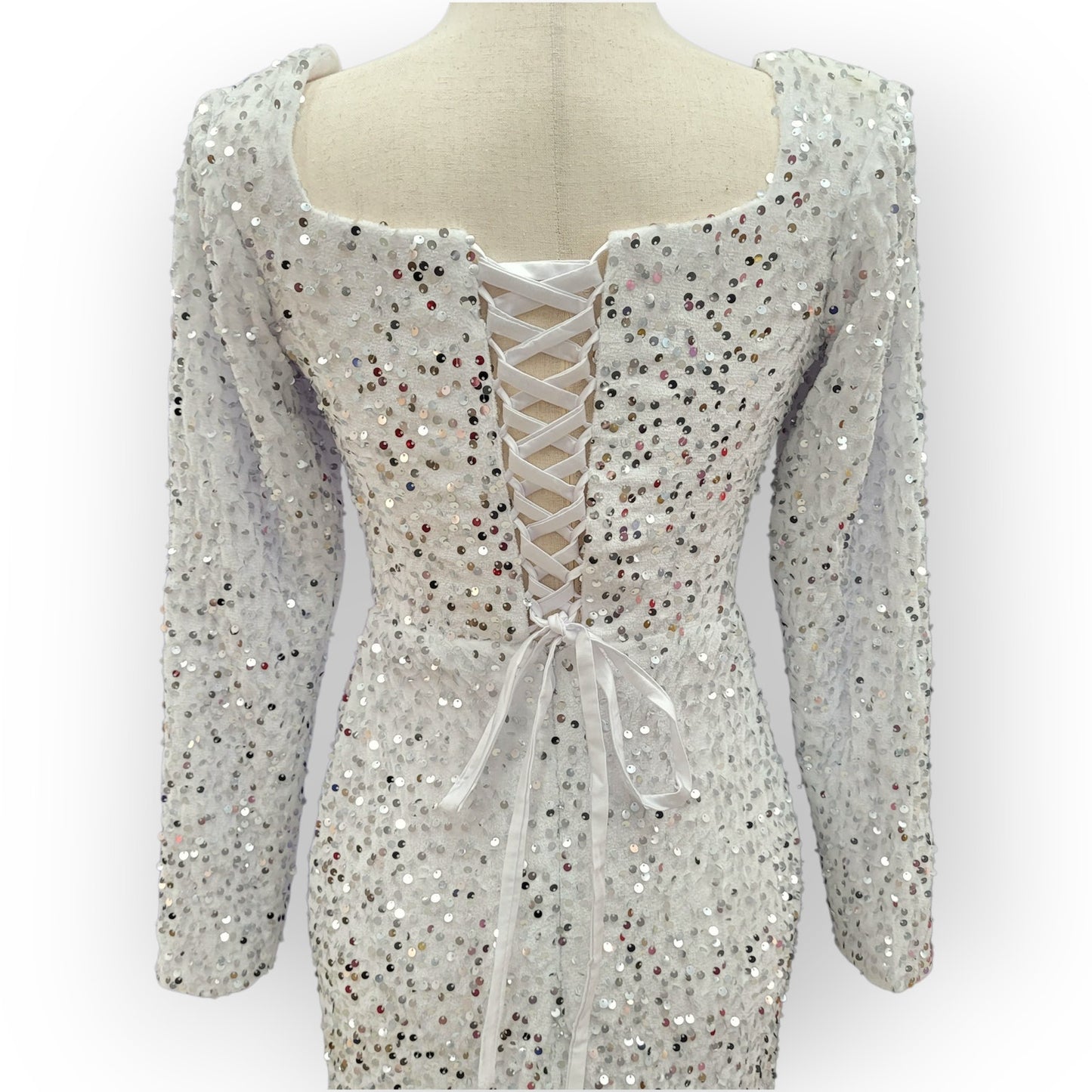 Fitted Long Sleeve Sequin Gown with Leg Slit and Corset Back