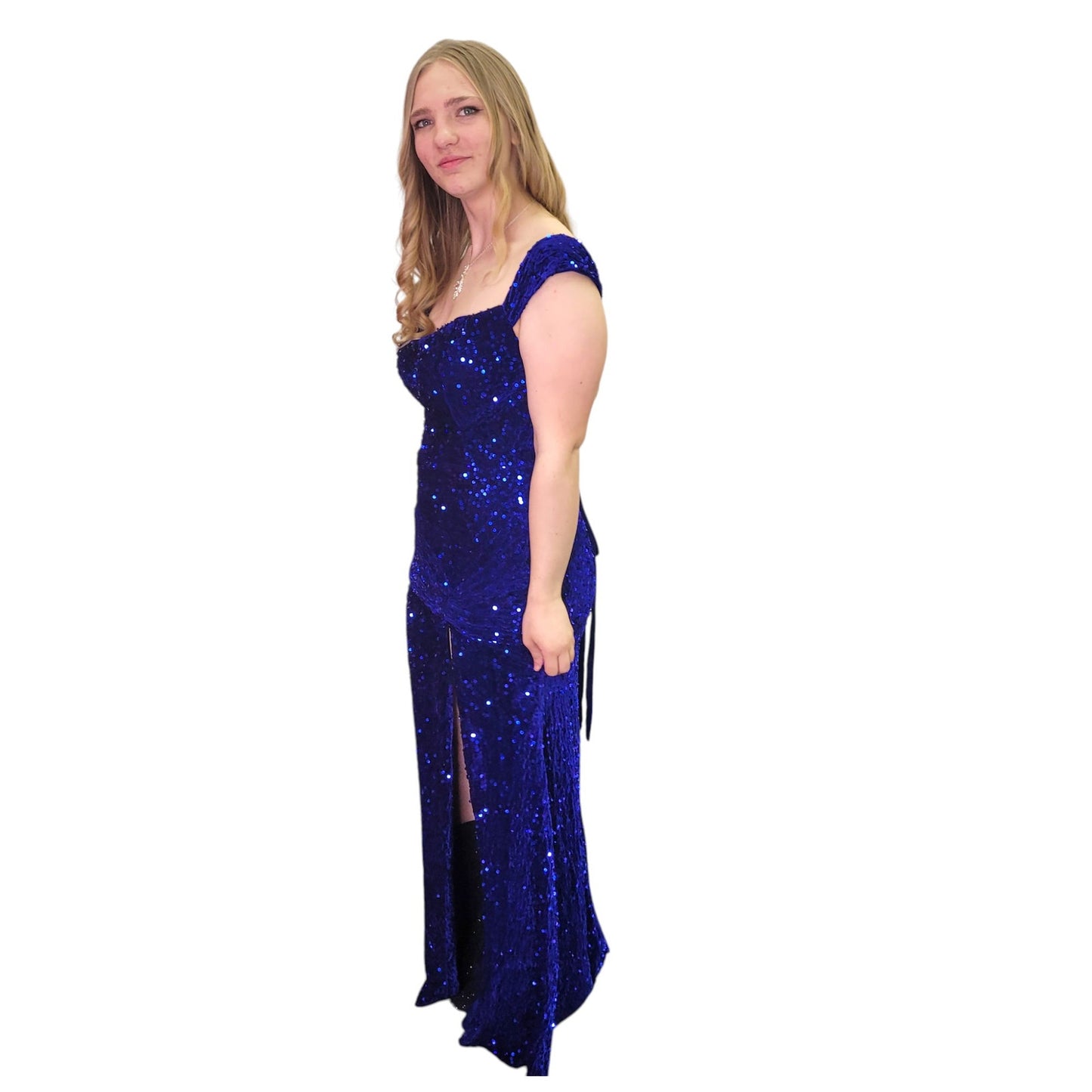 Off Shoulder Sequin Evening Gown with Corset Back on Velvet Fabric