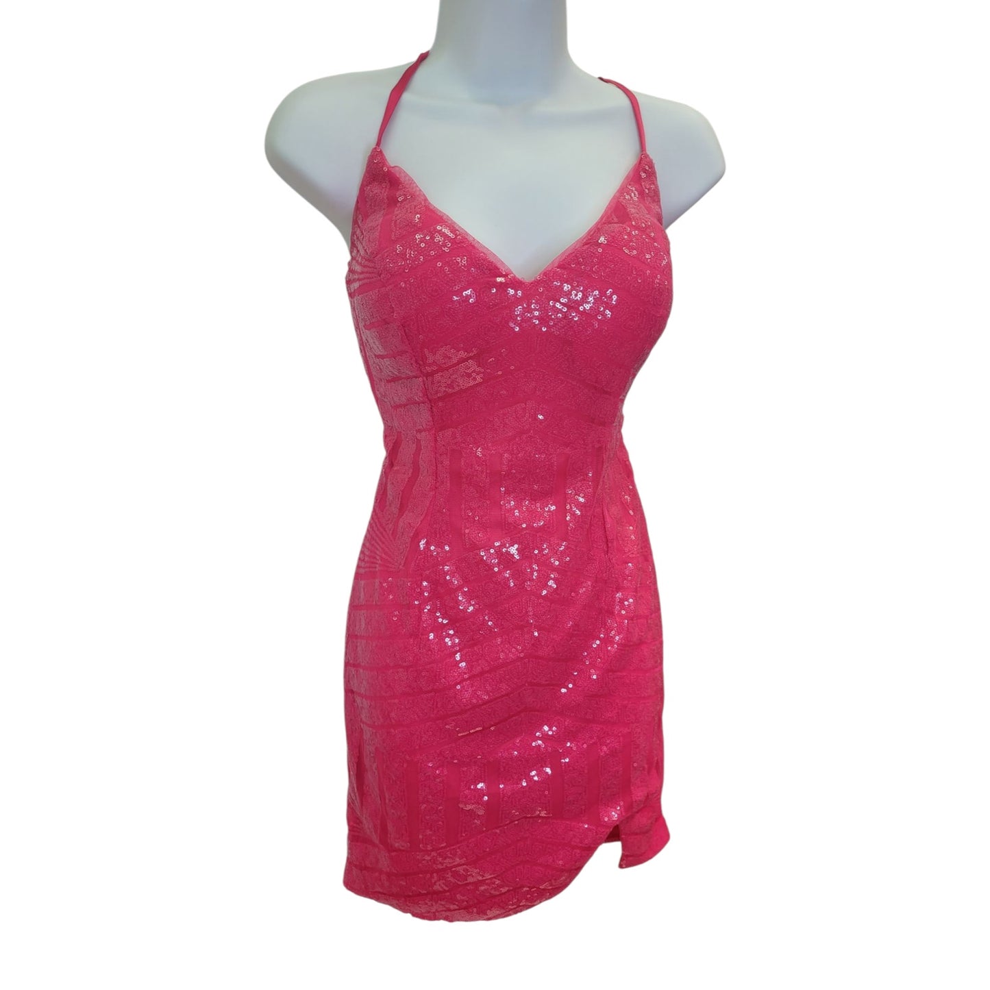 Women's Short Hot Pink Sequin Patterned Dress with Strappy Corset Back