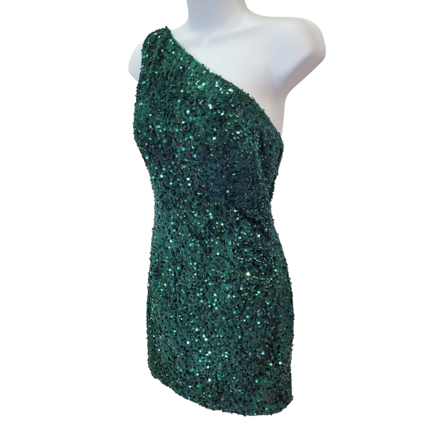 Women's Short One Shoulder Strappy Sequin Dress in Emerald Green