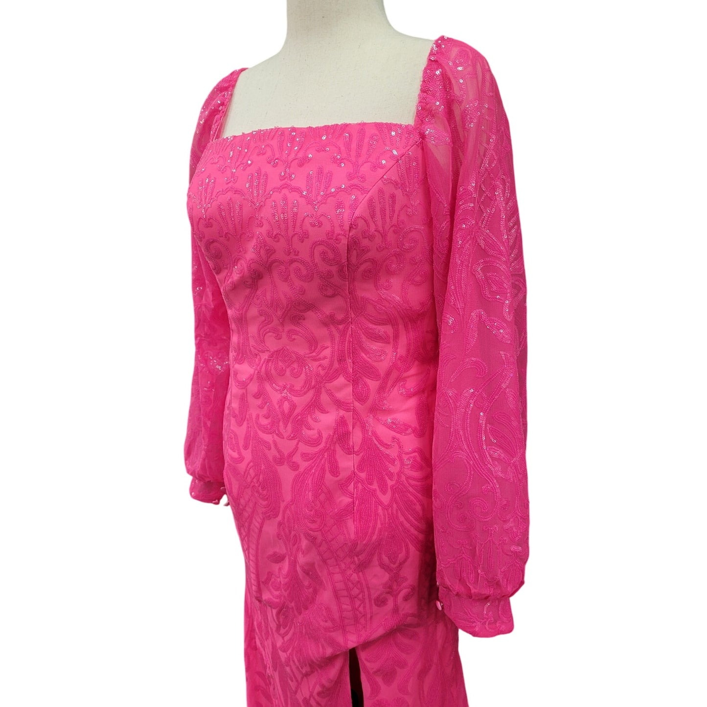 Long Sleeved Patterned Sequin Gown Size 16 Hot Pink