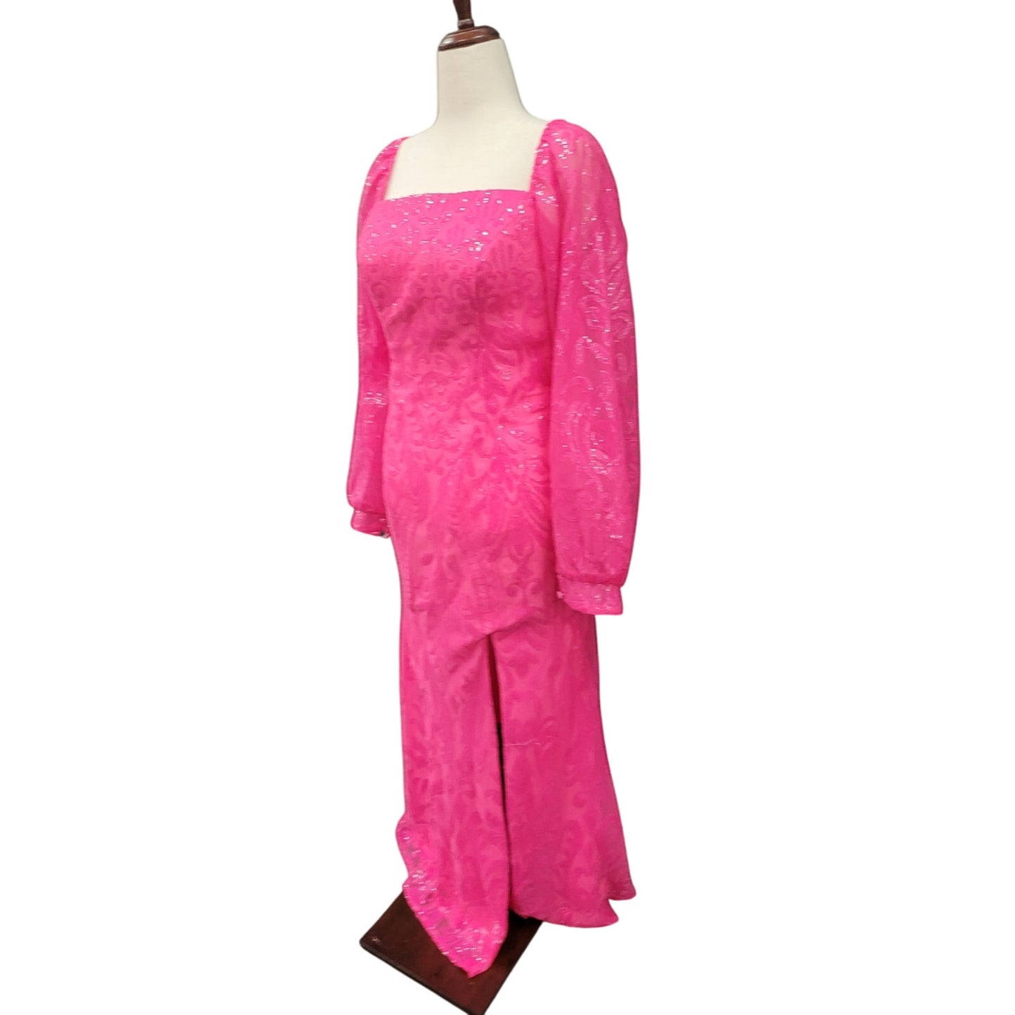 Long Sleeved Patterned Sequin Gown Size 16 Hot Pink