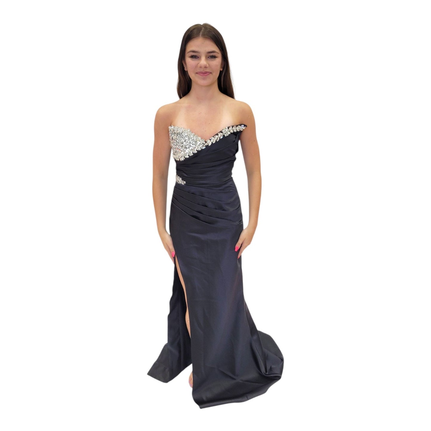 Black Satin Evening Gown with Jeweled Bust and Bodice with Corset Back