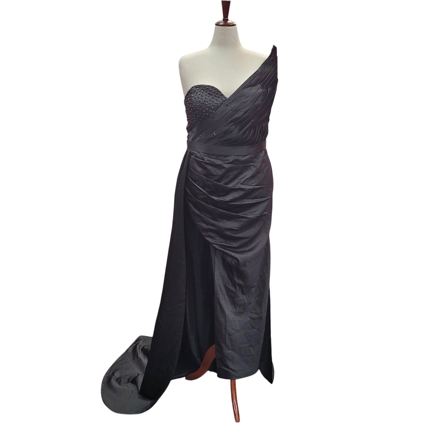 Satin Evening Gown with Decorative Pointed Shoulder Piece and Full Corset Back