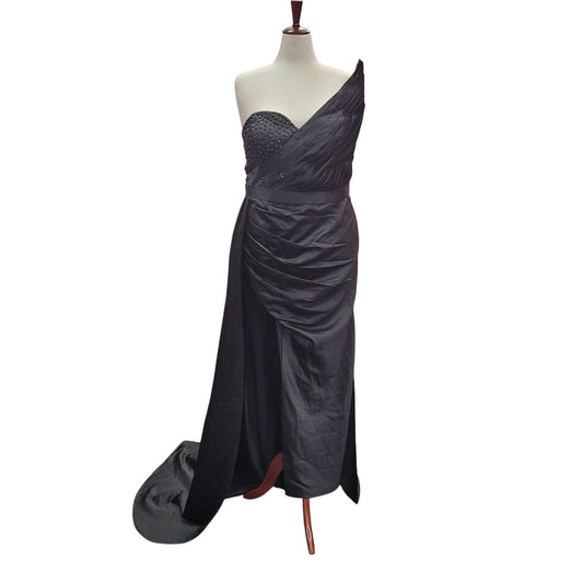 Satin Evening Gown with Decorative Pointed Shoulder Piece and Full Corset Back