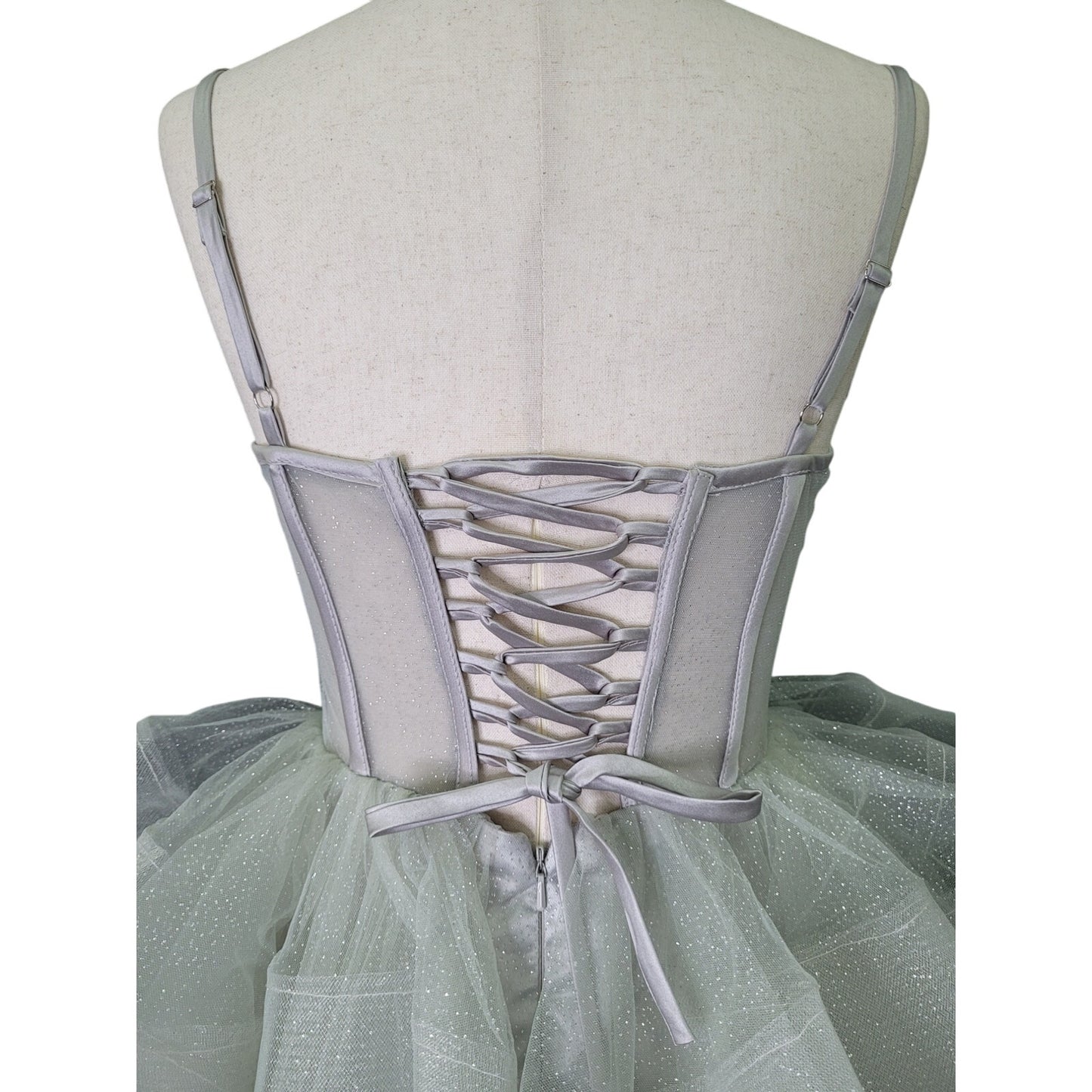Short Cocktail Dress Tulle Skirt Semi-Sheer Bodice Corset Back