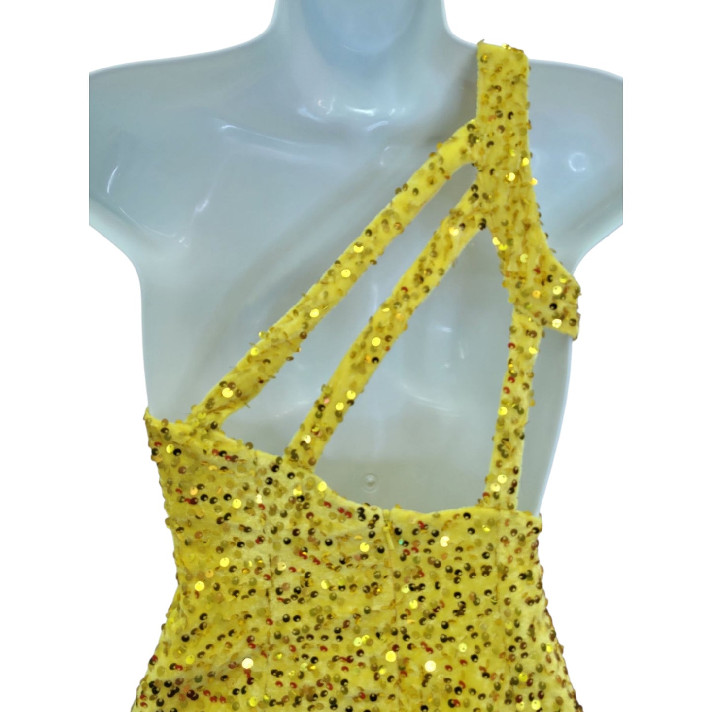 Women's Short One Shoulder Strappy Sequin Dress in Yellow