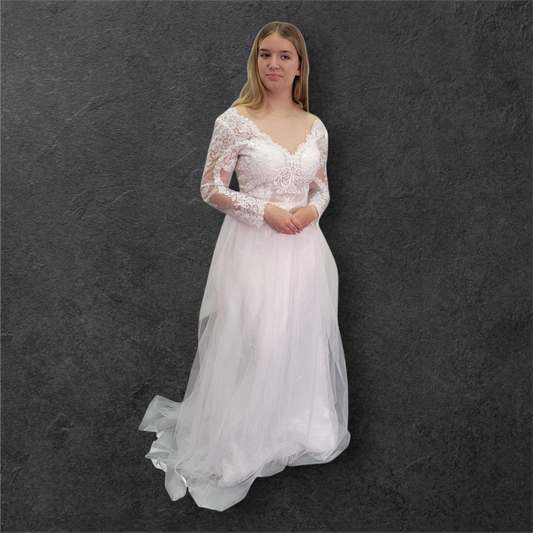 Long Sleeve A Line Tulle Wedding Dress with Fitted Lace Sleeves and Bodice