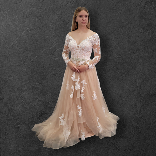 Beige Pink Ballgown with Silver Jeweled Belt and Floral Appliques
