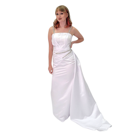 Fitted Satin White Gown with Large Jeweled Straps and Bodice Design