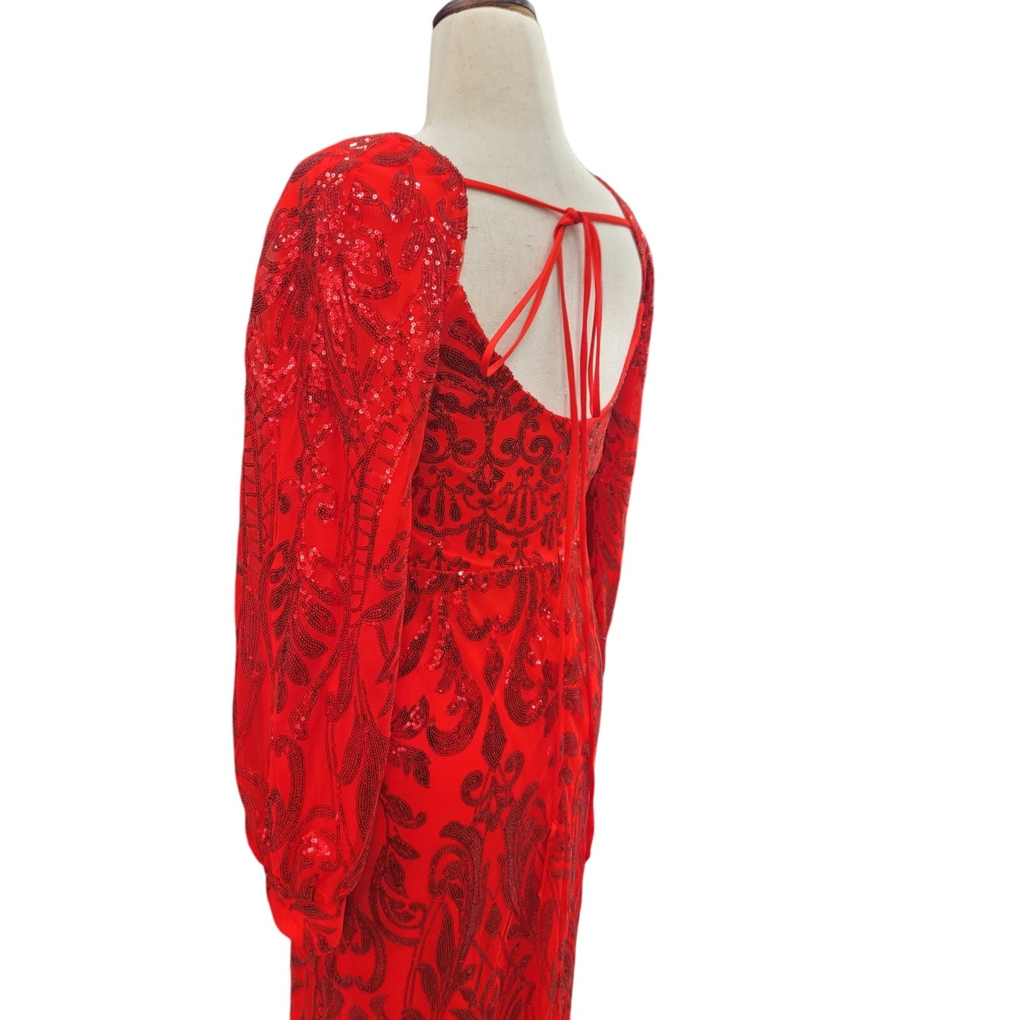 Long Sleeved Patterned Sequin Gown Bright Red Size 12