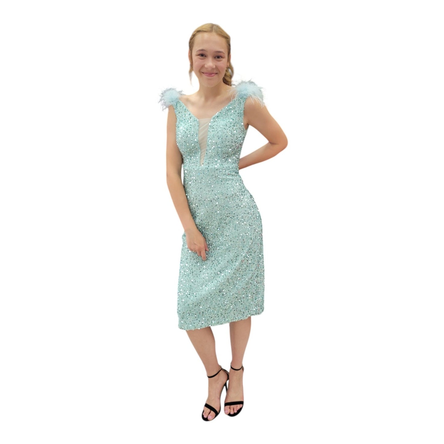 Fun Tea Length Sequin Dress with Feathered Straps