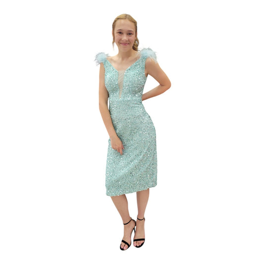 Fun Tea Length Sequin Dress with Feathered Straps