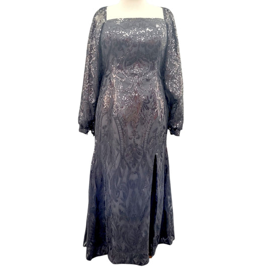 Long Sleeved Patterned Sequin Gown in Black