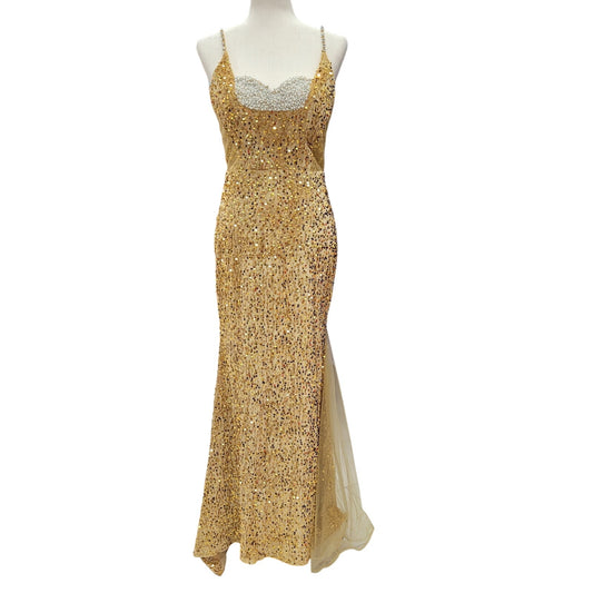 Fitted Gold Sequin Gown with Pearl Detail Bust and Tulle Side Train