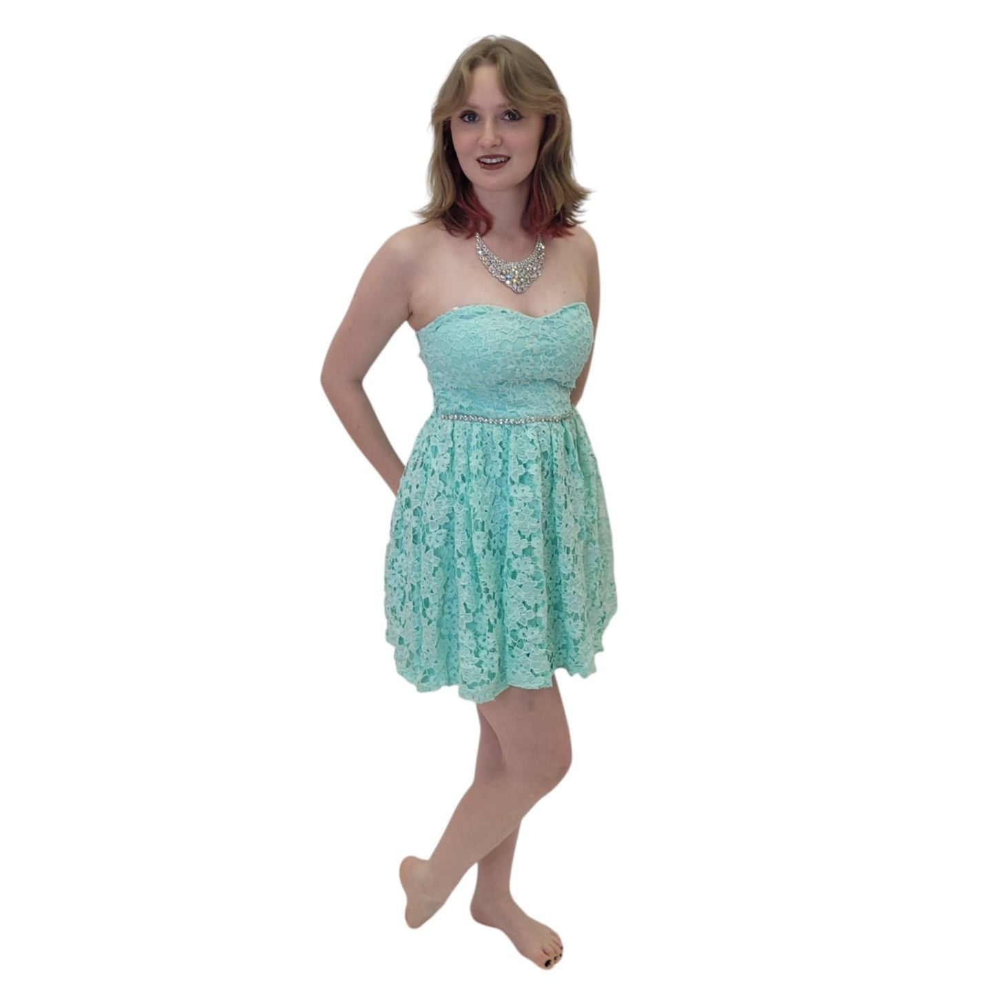 Strapless Turquoise Lace Cocktail Short Dress