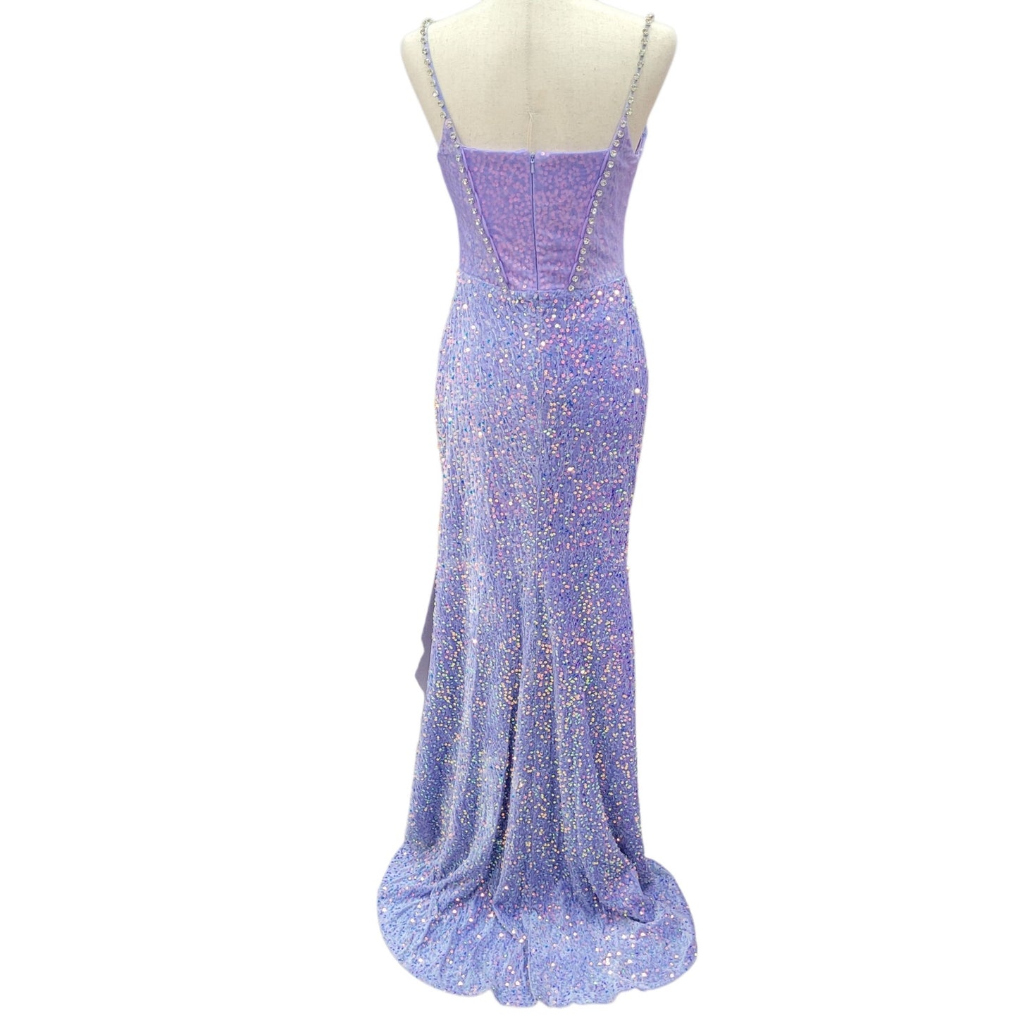 Fitted Iridescent Sequin Gown with Pearl Detail Bust and Tulle Side Train