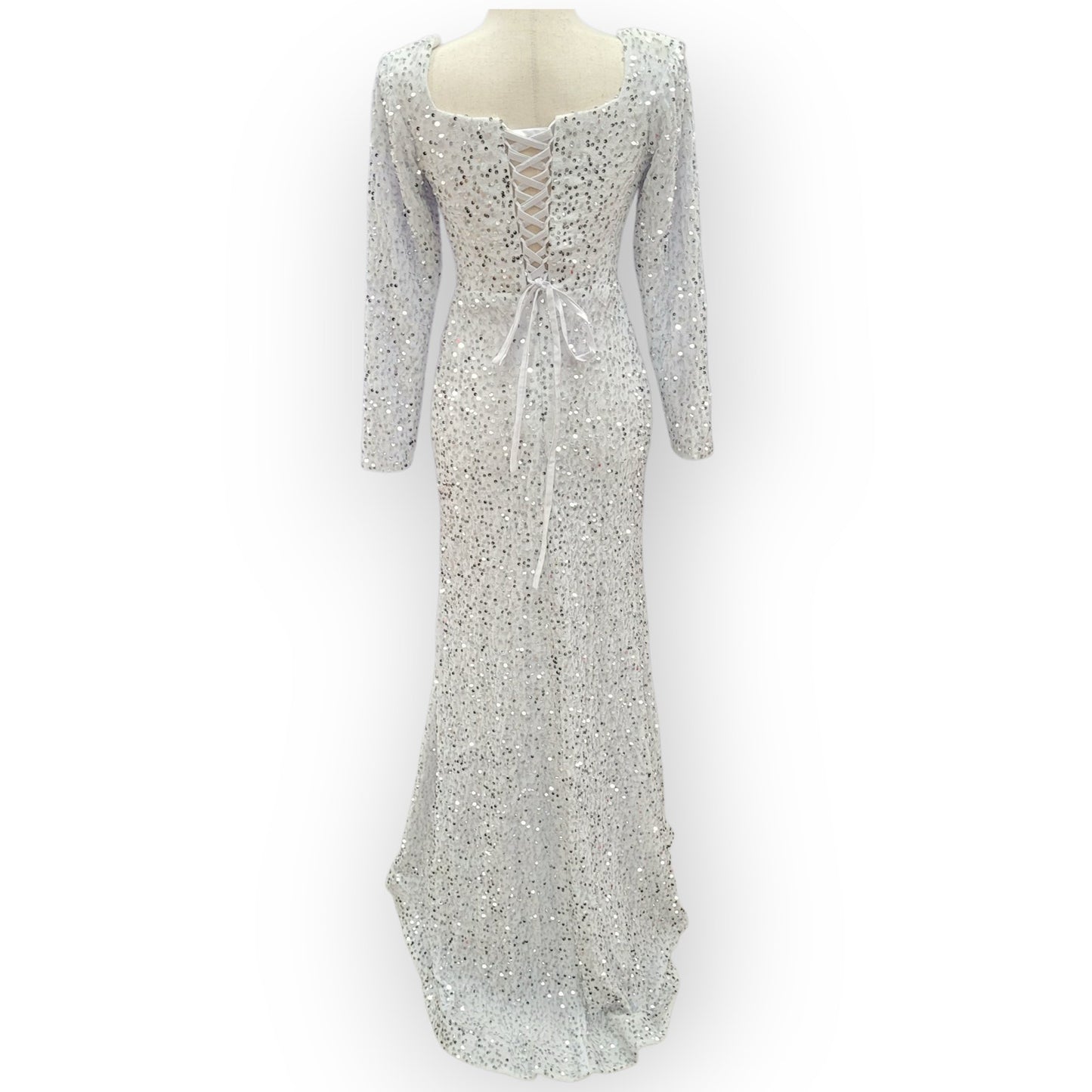 Fitted Long Sleeve Sequin Gown with Leg Slit and Corset Back