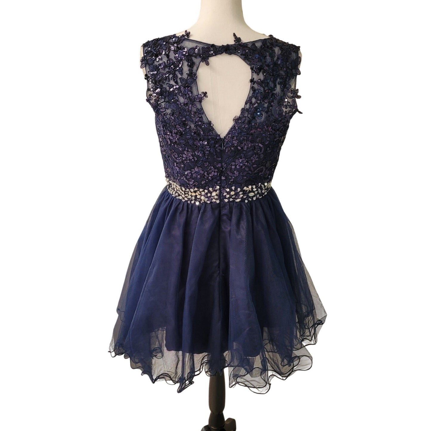 Women's Navy Short Dress Embroidered Bodice Keyhole Back