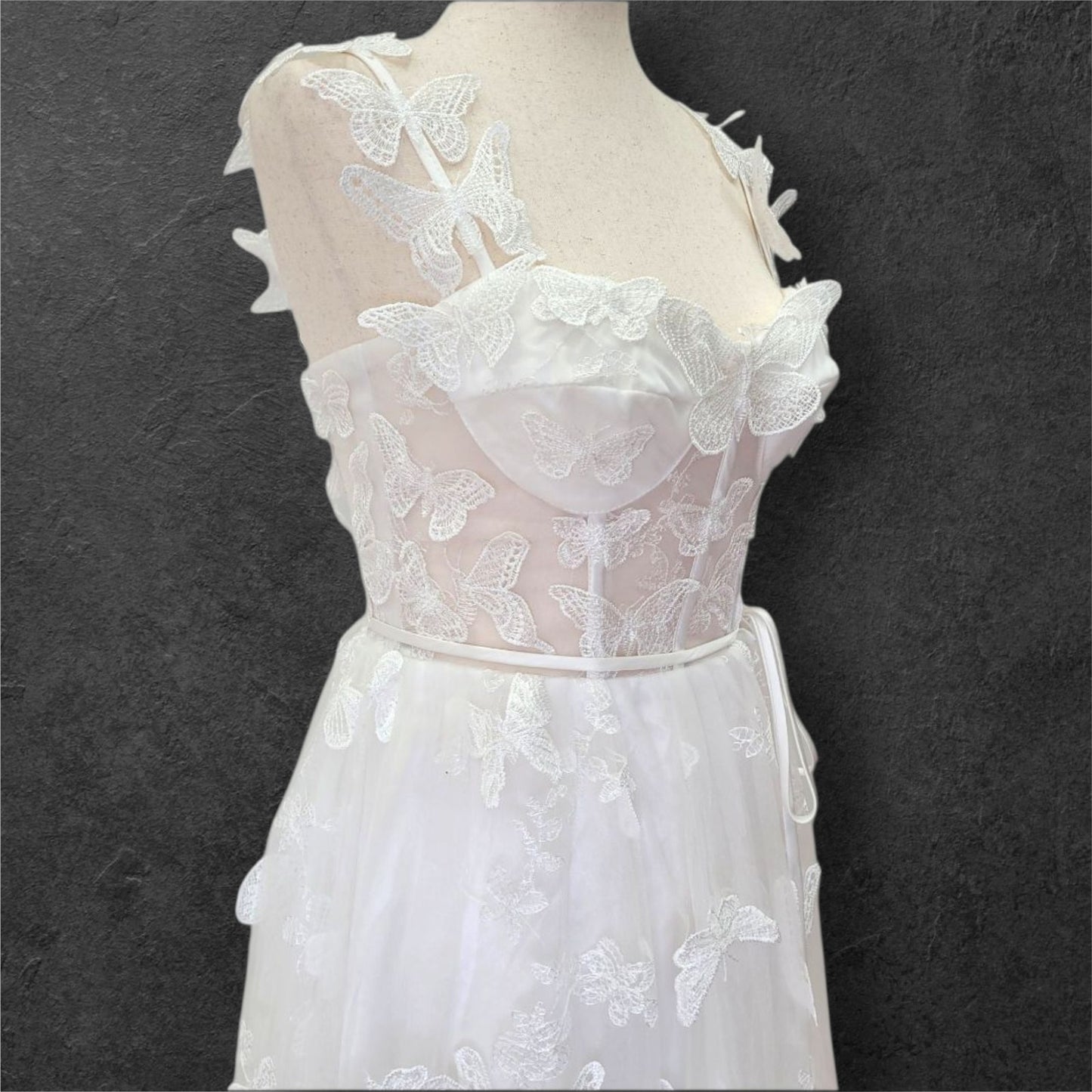 Butterfly Wedding Dress with Sheer Bodice and Corset Back