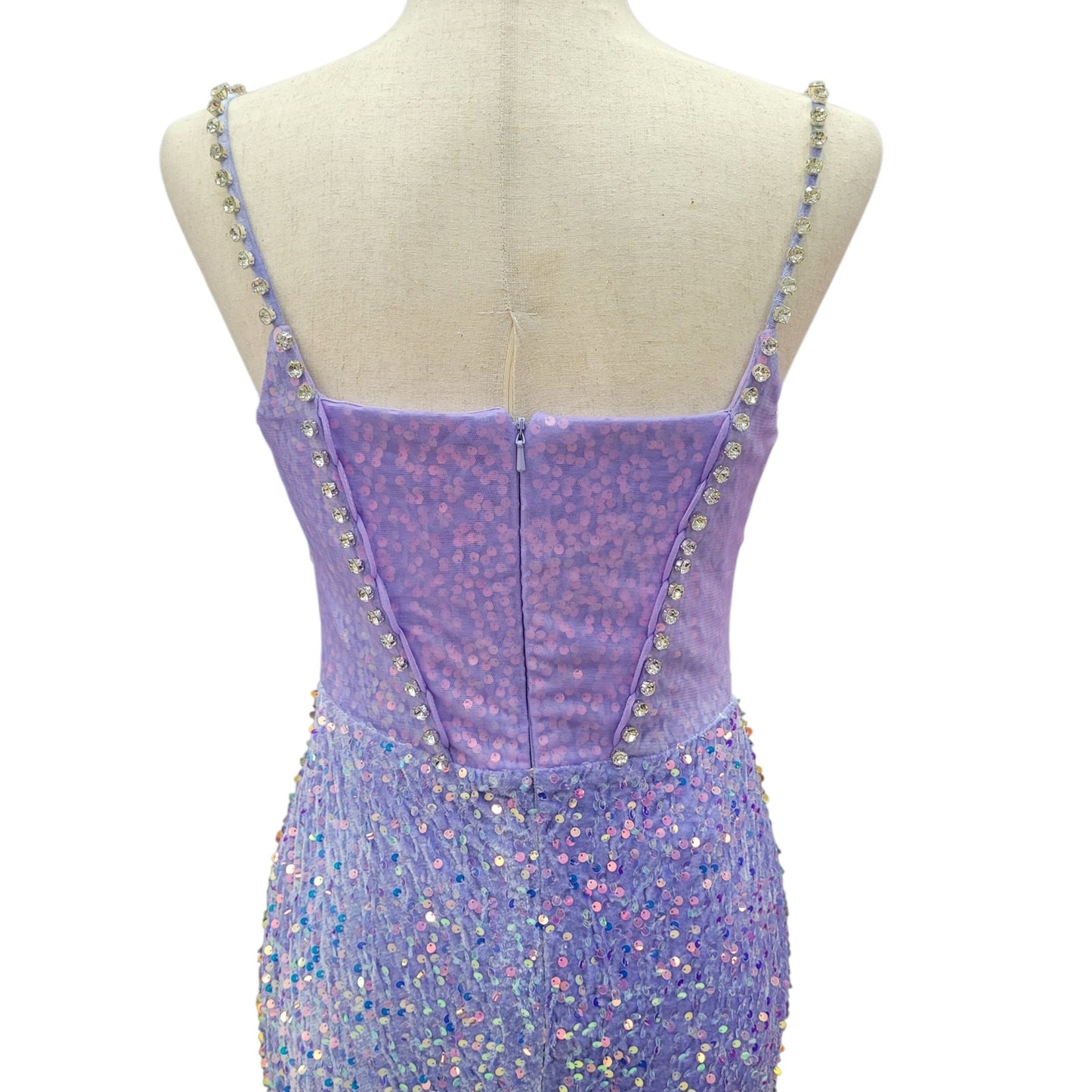 Fitted Iridescent Sequin Gown with Pearl Detail Bust and Tulle Side Train