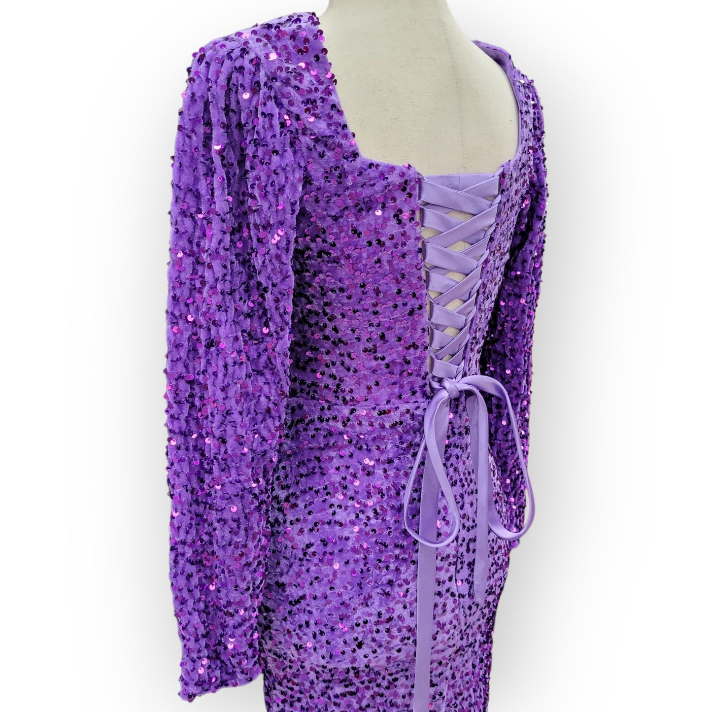 Fitted Long Sleeve Sequin Gown with Leg Slit and Corset Back