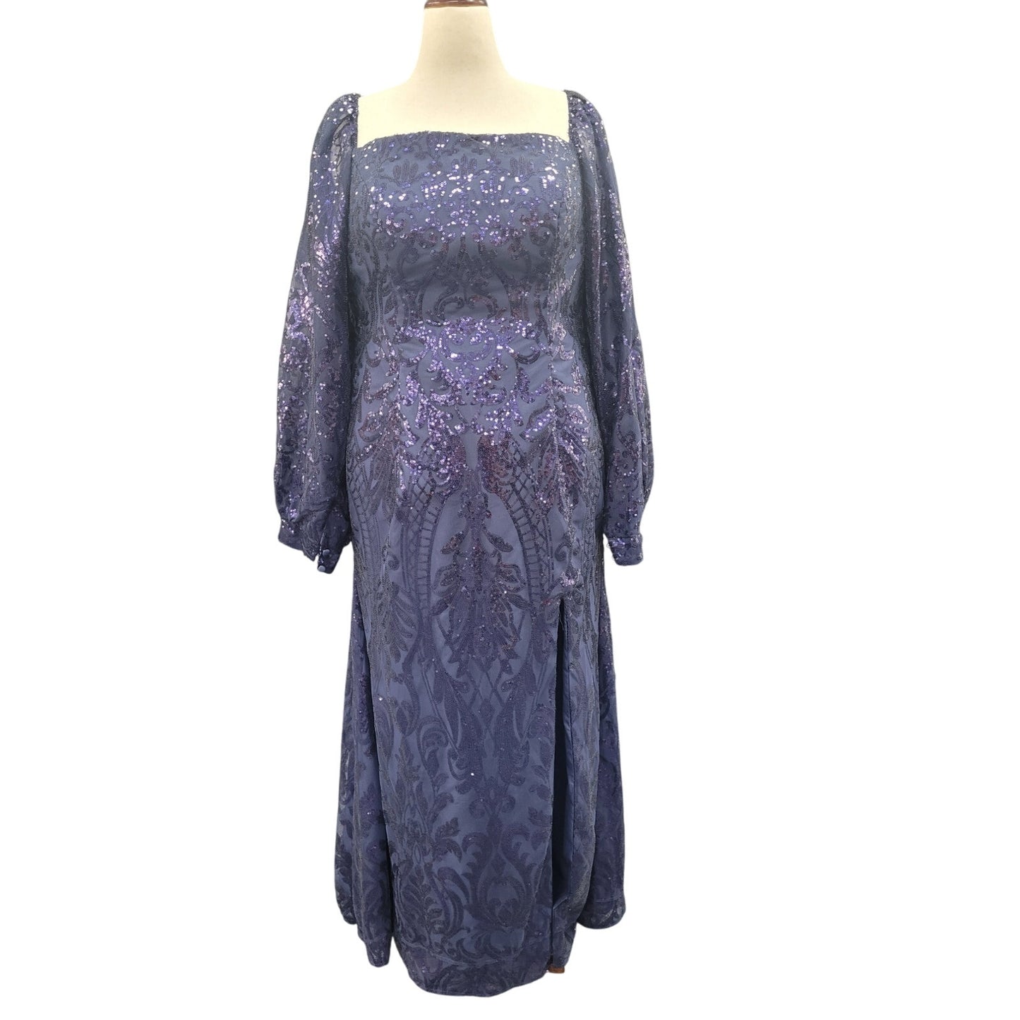 Long Sleeved Patterned Sequin Gown in Navy Blue